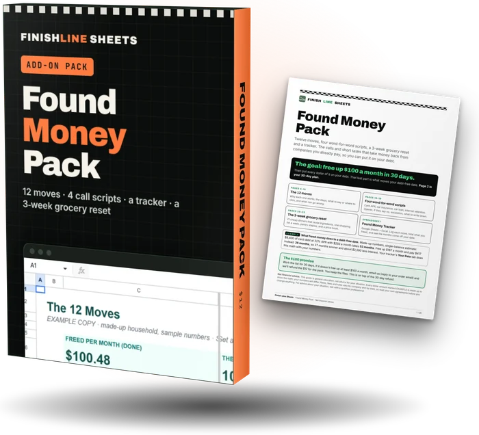 The Found Money Pack: a digital product box showing the real tracker, next to the real 26-page guide